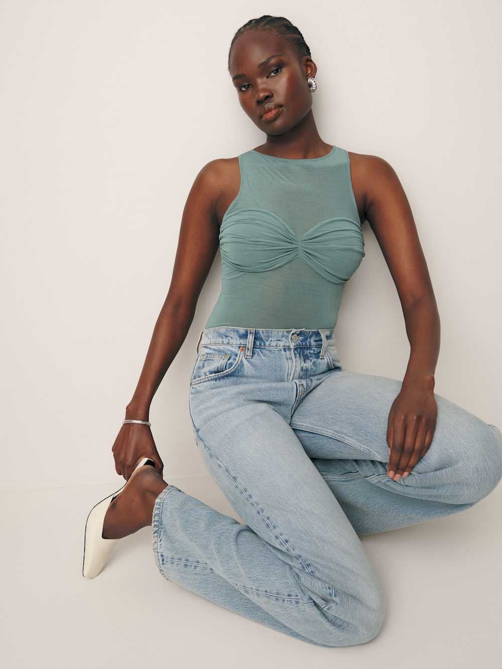 Reformation Sage Green Twisted Front Tank Top